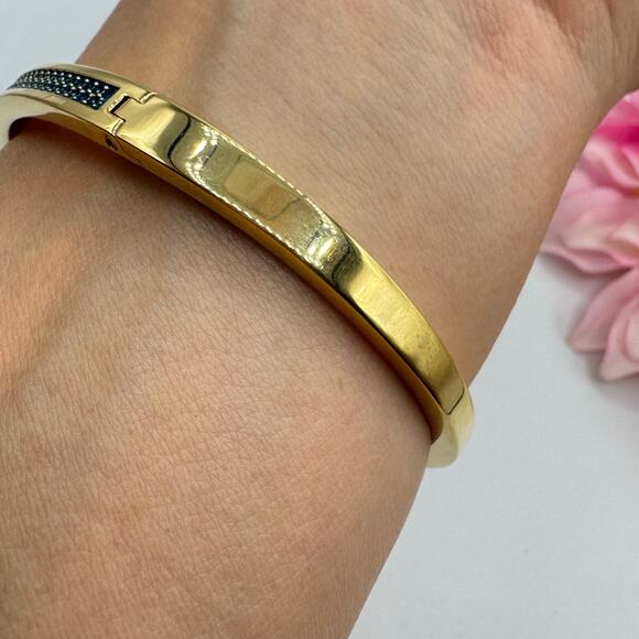 Swarovski Blue Pave Gold Tone Hinge Bangle Bracelet Swan Signed Rare Fits 7 1/4” - Picture 8 of 16